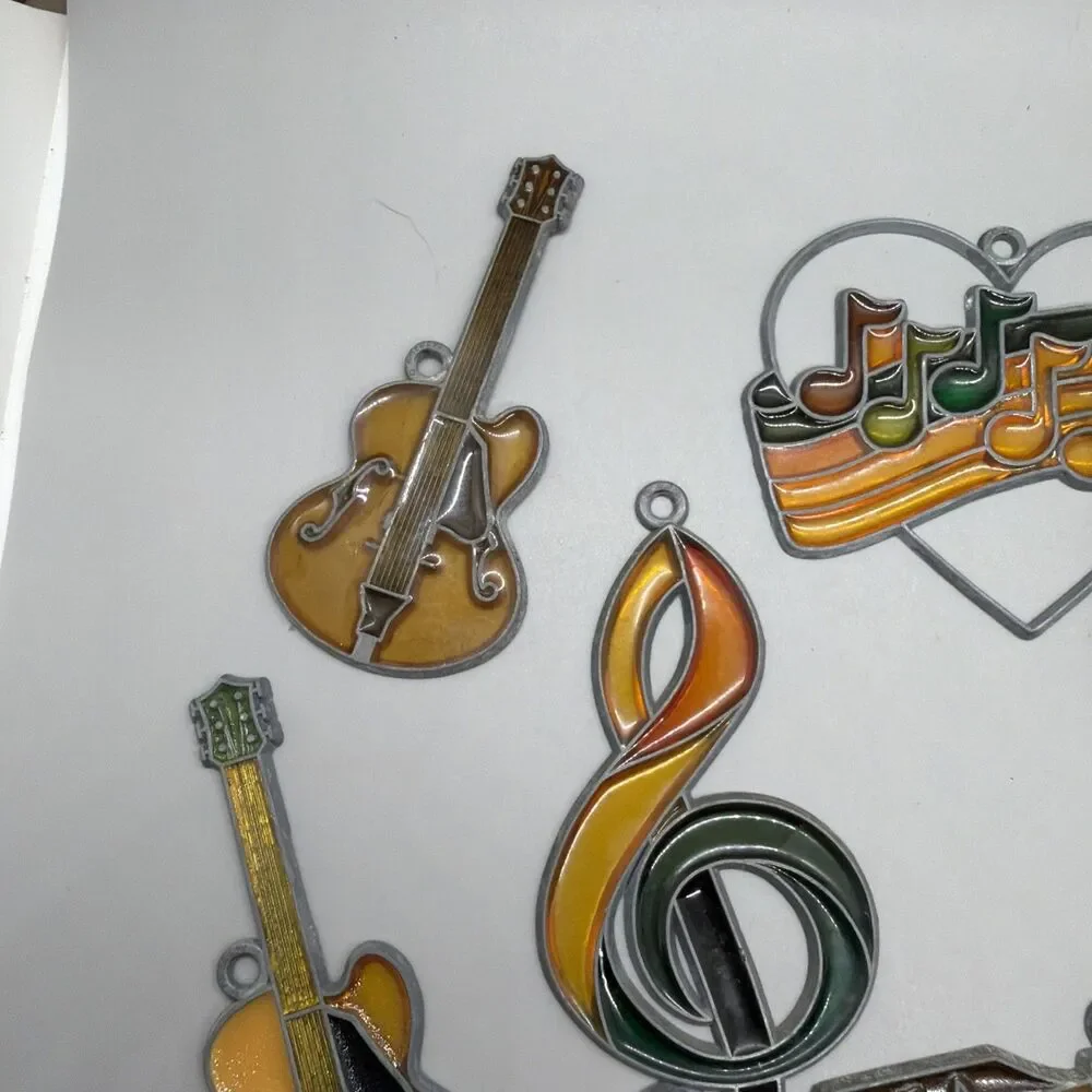 Vtg Nashville Guitar &music Suncatcher Ornaments Lot of 7 Stained Glass 70s 80s